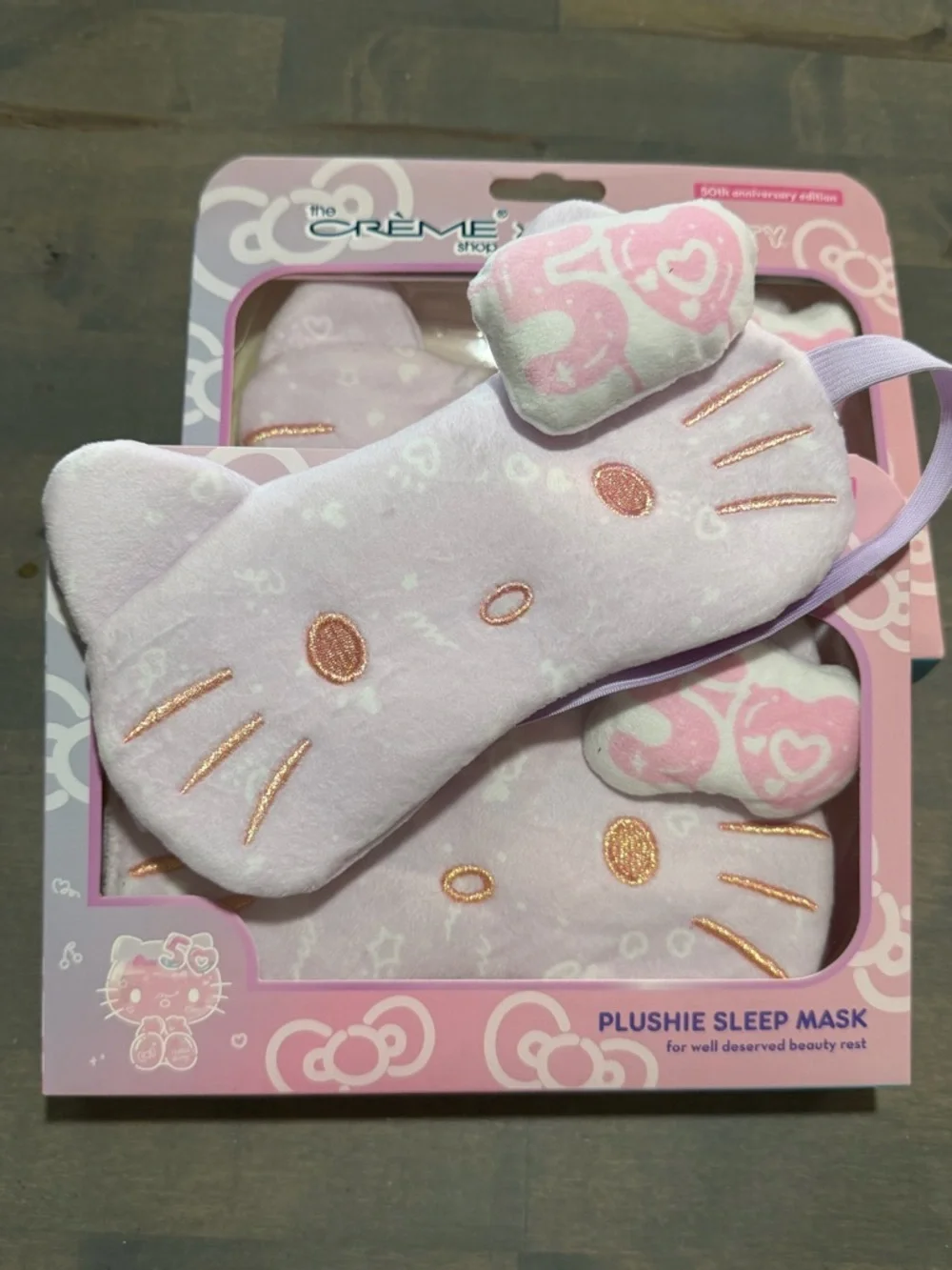 Hello Kitty Light Pink Plush Eye Mask with Rose-Gold Embroidery